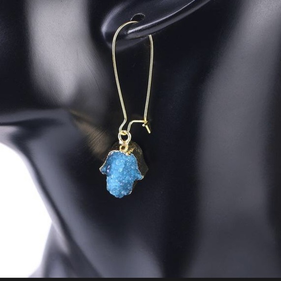 New Handmade Druzy Hamsa Hand Drop Earrings - Picture 4 of 10